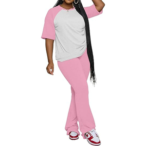 Women Matching Two Piece Outfit Short Sleeve Top <b>Elastic</b> Waist Pants Casual Lounge Set Custom Logo - Product Image 2