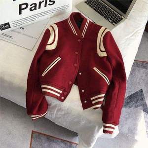 Fashion <b>Red</b> Varsity Knitted <b>Jacket</b> with Patchwork Regular Length <b>Waterproof</b> - Product Image 1