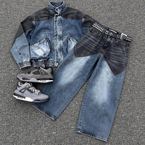Ensemble deux pièces unisexe en denim de coton style Wasteland, coupe plissée color-block, col rabattu, poids moyen, coupe incurvée - Product Image 2