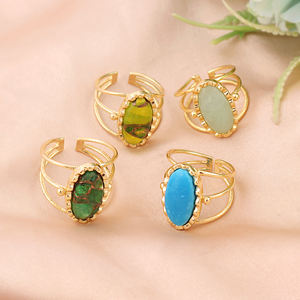 Fournitures de bijoux en gros, bague ajustable en émeraude de Mohave, cuivre et turquoise, plaquée or 18 carats, forme ovale, pierres précieuses, bagues statement. - Product Image 2