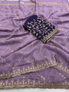 AARA Fashion Purple Silk Saree with <b>Gold</b> Embroidery Navy Blue <b>Blouse</b> for Women's Traditional Indian Wedding Wear Sun Protection - Product Image 6