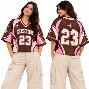 Maillot de football en mesh marron et rose pour femme, col en V oversize, numéro personnalisé 23, streetwear, sportswear, fabricant OEM en gros - Product Image 1