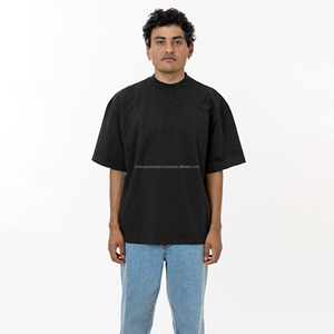 T-shirt en coton noir surdimensionné pour homme, col rond, manches courtes, couleur unie, jersey tricoté, coupe classique, longueur normale - Product Image 6