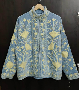 Handmade Velvet Suzani Quilted Eco-Friendly Blue Floral Embroidered Vintage Boho Jacket - Product Image 5