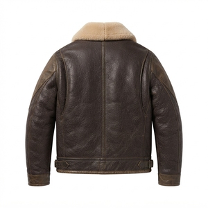 <b>Men</b> Genuine Leather <b>Sherpa</b> Lined Hooded Bomber <b>Jacket</b> Windproof Winter Outerwear Cotton Filled Moto Biker Style - Product Image 2
