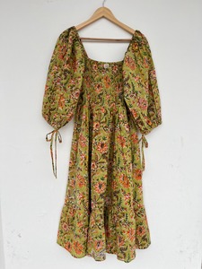 Green Floral 3/4th Sleeve Shirred Bodice Pure Cotton Maxi <b>Dress</b> Flowy Hem Comfy Fit <b>Boho</b> <b>Summer</b> Wear Women Garden Party Outfit - Product Image 4