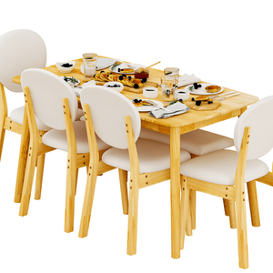"Natural Wood Finish Beige Cushions Rubberwood <b>Dining</b> Table <b>Set</b> 1 Rect Table + 4 Upholstered Chairs + 1 <b>Bench</b> for Villa" - Product Image 6
