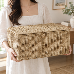 LAVIHEXCO Panier de rangement rectangulaire en jonc de mer tressé à la main avec couvercle, anti-poussière, design moderne pour jouets et décoration intérieure - Product Image 2