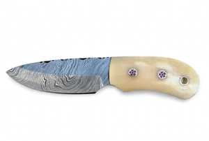 Cuchillo de Camping Hecho a Mano con Acero de Damasco, Mango de Hueso de Camello Blanco, Espina Azul, Hoja Fija - Product Image 3