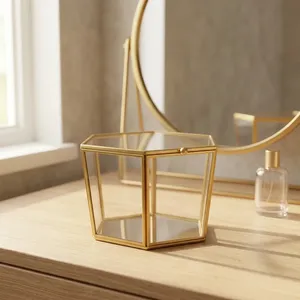 Geometric Glass <b>Jewelry</b> <b>Box</b> with Brass Frame <b>Mirror</b> Base Storage Organizer for Rings Necklaces Accessories Cosmetic - Product Image 1
