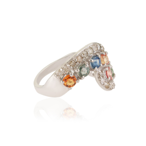Vente en gros d'usine, bague en argent sterling 925 incurvée et croisée, multi-saphirs et diamants, pour femmes, à porter au quotidien - Product Image 5
