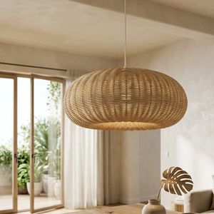 Abat-jour rond en rotin naturel artisanal, style chinois et français, pour la décoration de maisons ou d'hôtels côtiers ou d'hôtels de charme. - Product Image 4
