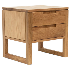 Mesa de Noche Japandi de Teca Natural con 2 Cajones, Tiradores Recortados y Base Tipo Trineo - Product Image 1