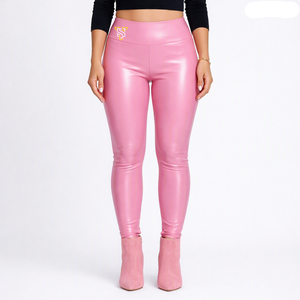 Leggings de Cuero Rosa de Cintura Alta, Pantalones de Yoga Transpirables con Cintura Elástica Sin Costuras - Product Image 2