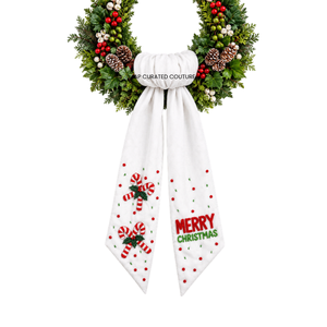 Pink Christmas Wreath Sash With Embroidered Wreaths And Fringe Decorative Bow For Holiday Door Or Wall Display weaths swags - Product Image 2