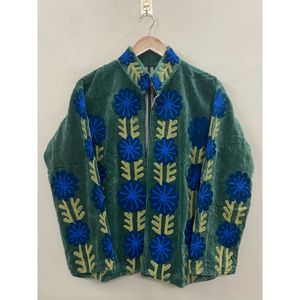 Hand Embroidered Cotton <b>Velvet</b> Winter Jacket <b>Women</b> Mandarin Collar Full Sleeve Autumn Floral Pattern Open Front <b>Coat</b> - Product Image 1