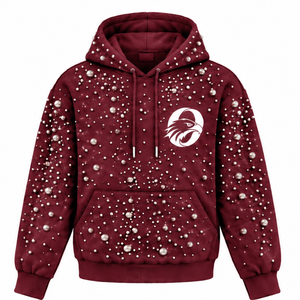 <b>Burgundy</b> Pearl Beaded Pullover <b>Hoodie</b> Unisex Oversized Streetwear Sweatshirt with Kangaroo Pocket Custom Casual Fashion Wear - Product Image 1