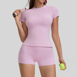 Conjunto de Yoga para Mujer, Top Corto y Pantalones Cortos de Cintura Alta, Sin Costuras, Color Rosa Sólido, Transpirable, Ecológico, Ropa Deportiva Simple de 2 Piezas - Product Image 3