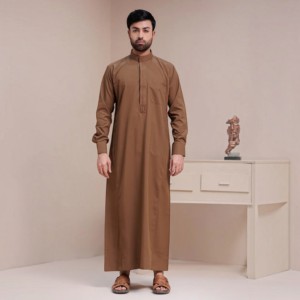 Men's Solid Brown Cotton Long Sleeve Thobe Ankle Length <b>Arabic</b> Islamic Eid Clothing Stand Collar Modest Casual Daily Wear - Product Image 1