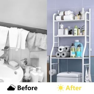 Scaffale portaoggetti a 3 livelli in metallo da posizionare sopra il WC, salvaspazio, facile da montare senza forare, con ganci porta carta igienica e organizer - Product Image 4