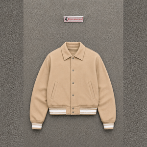 CLASSIC BEIGE VARSITY JACKET FOR MEN Regular Fit Turn-<b>down</b> Collar Single Breasted Solid Color Polyester CLASSIC LETTERMAN SOFT T - Product Image 5