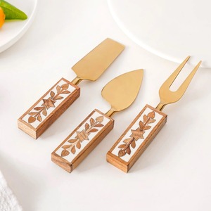Modern Metal Cheese Serving Set With Gold Spiral Handles <b>Knife</b> Spreader Fork Party Flatware Dishwasher <b>Safe</b> - Product Image 5