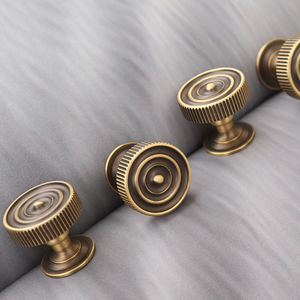 <b>Antique</b> <b>Brass</b> Round Cabinet <b>Knobs</b> Knurled Edge Vintage Furniture Drawer Pull Hardware - Product Image 4