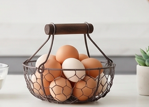 Rustic Wire Storage <b>Basket</b> With Wooden Handle Round Shape For Kitchen Use Durable Metal Mesh Design Single Tier Standalone Rack - Product Image 2