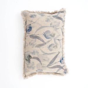 Cuscini lombari in lino stampati 16 \ "X24 \" e cuscini per sedili blu e grigie con frange - Product Image 2