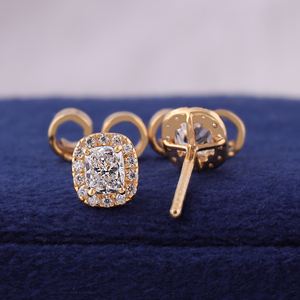 Lab Diamond Halo Earrings: 1.00 TCW Cushion Cut, 14k Gold <b>Studs</b> - Product Image 2