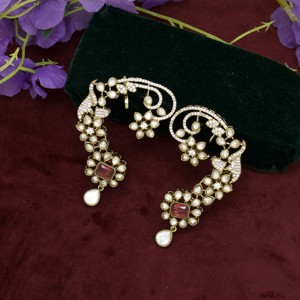 Traditional Brass Imitation Antique Gold Style Kundan <b>Ear</b> <b>Cuff</b> <b>Earrings</b> Pink Moissanite Stones Floral Design for Women Wedding - Product Image 5