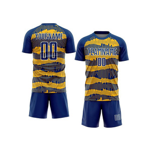 ชุดเสื้อฟุตบอลแบบซับลิเมชั่นสีน้ำเงิน-เหลืองลายทาง 100% โพลีเอสเตอร์ สำหรับผู้ใหญ่ แห้งเร็ว คอกลม แขนสั้น - Product Image 1