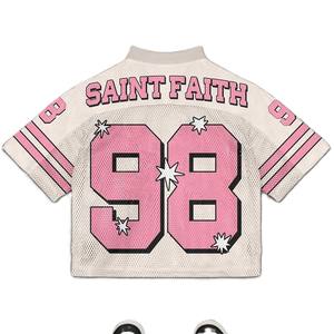 เสื้อเจอร์ซีย์อเมริกันฟุตบอลสีชมพูพิมพ์ลายกราฟิกตาข่าย ทรงครอป โอเวอร์ไซส์ คอวี สำหรับผู้หญิง สไตล์สตรีทแวร์ แบบซับลิเมชั่น รับผลิตแบบ OEM จำนวนมาก - Product Image 2
