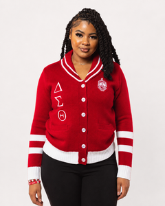 Cardigan en tricot rouge pour femme, manches longues, col en V, boutons sur le devant, pull côtelé avec poignets rayés et poche, logo personnalisé - Product Image 3