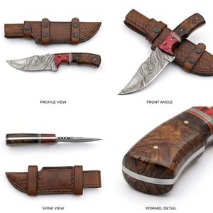 Couteau utilitaire d'extérieur personnalisé en acier Damas fait main, manche en bois de Pakka rouge et noyer, étui en cuir à double sangle, personnalisable OEM - Product Image 4