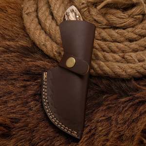 Cuchillo de caza y camping hecho a mano DIY OEM de acero de Damasco con hoja fija de filo recto y espiga recta, mango de cuerno de ciervo y cuero personalizado - Product Image 6