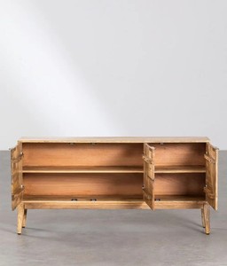 Buffet en bois recyclé vintage avec deux portes géométriques sculptées, meuble TV rustique, meuble de rangement artisanal - Product Image 2