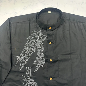 Classic <b>Long</b>-Sleeve Collarless Casual Shirt Featuring Hand-painted Pattern 100% Cotton Velour Fabric Single Button Shirts - Product Image 3