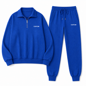 Ensemble de survêtement côtelé bleu de qualité supérieure, haut à col zippé et pantalon de jogging, logo personnalisé, vêtements de sport décontractés, vente en gros OEM, direct usine - Product Image 3