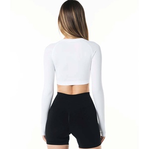 Women's White Long Sleeve Crop <b>Top</b> Crew Neck Minimalist Solid Knit Pullover Full Sleeve Soft Spandex Polyester All Seasons - Product Image 3