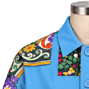 Chaqueta de Trabajo Azul Cielo con Mosaico, Chaqueta Casual con Botones y Parches Florales Multicolores, Estilo Urbano con Bolsillos Funcionales - Product Image 5