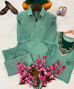 <b>Women</b> Silk Vintage Traditional Ankle-Length Quick Dry <b>Kurta</b> Set Regular Fit Green Ethnic Wear India Pakistan Casual 86548 - Product Image 4