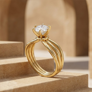 Anillo de compromiso clásico para mujer con doble banda chapada en oro de 18K y 14K, con diamante solitario de corte brillante cultivado en laboratorio, de última tendencia. - Product Image 1