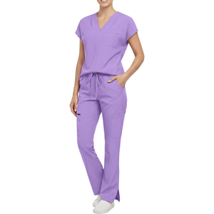 Conjunto de uniforme médico morado para mujer: pantalones con cordón y blusa con cuello en V, de algodón tejido, con detección de agujas y fusión sin costuras. - Product Image 1