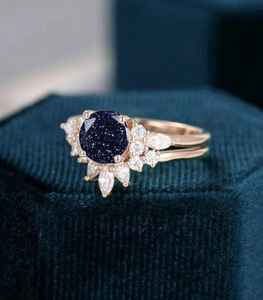 Set Of 2PCS Natural Blue Sandstone Engagement Ring 925 Sterling <b>Silver</b> 14K Gold Plated Round Star Stone Ring - Product Image 3