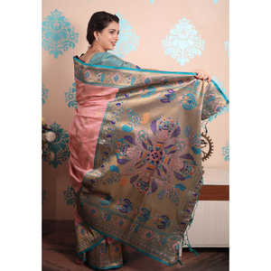 Sari de Seda Paithani Tejido con Zari Rosa Bebé, Ropa India y Pakistaní, Tejidos de Primera Calidad, 650g - Product Image 3