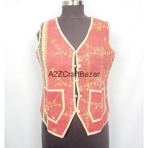 100% Cotton Breathable Printed Logo <b>Kantha</b> Quilted V-neck Women's Handmade Unique Spring Summer Autumn Winter Sleeveless Vest - Product Image 5