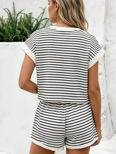 Women Striped 2 Piece Shorts Set Short Sleeve CrewNeck Tee With Pockets Loose Fit Casual Daily Wear Spring Summer Knitted Cotton - Product Image 3