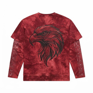 Camiseta Gráfica Extra Grande para Hombre, Color Borgoña, Lavado Ácido, con Pedrería, Manga Larga, Estilo Y2K, 100% Algodón Ecológico - Product Image 2
