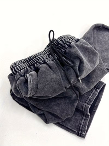 Loose Formal Men's High Waist Heavyweight Elastic Waist Anti-Wrinkle Pleated Front Acid Wash Dark Gray 100% Cotton Sweatpants - Product Image 5